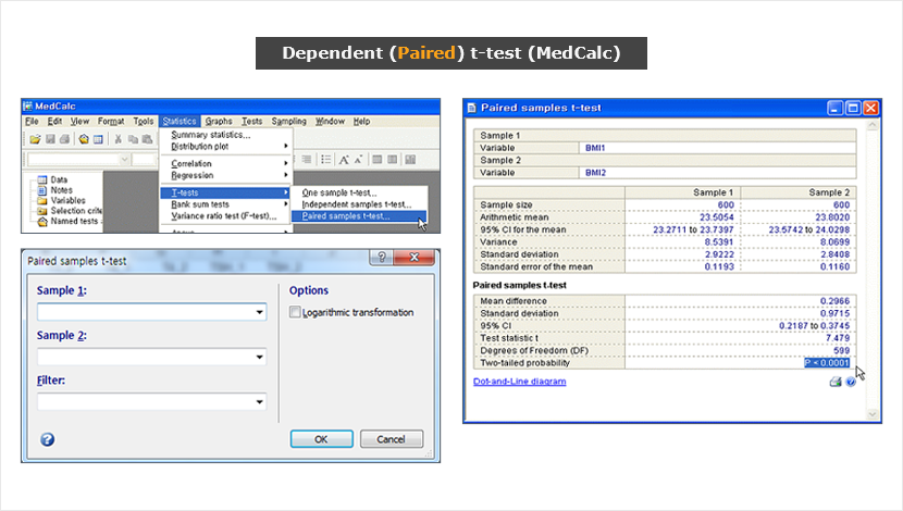 Dependent (Paired) t-test (MedCalc) 화면 이미보기